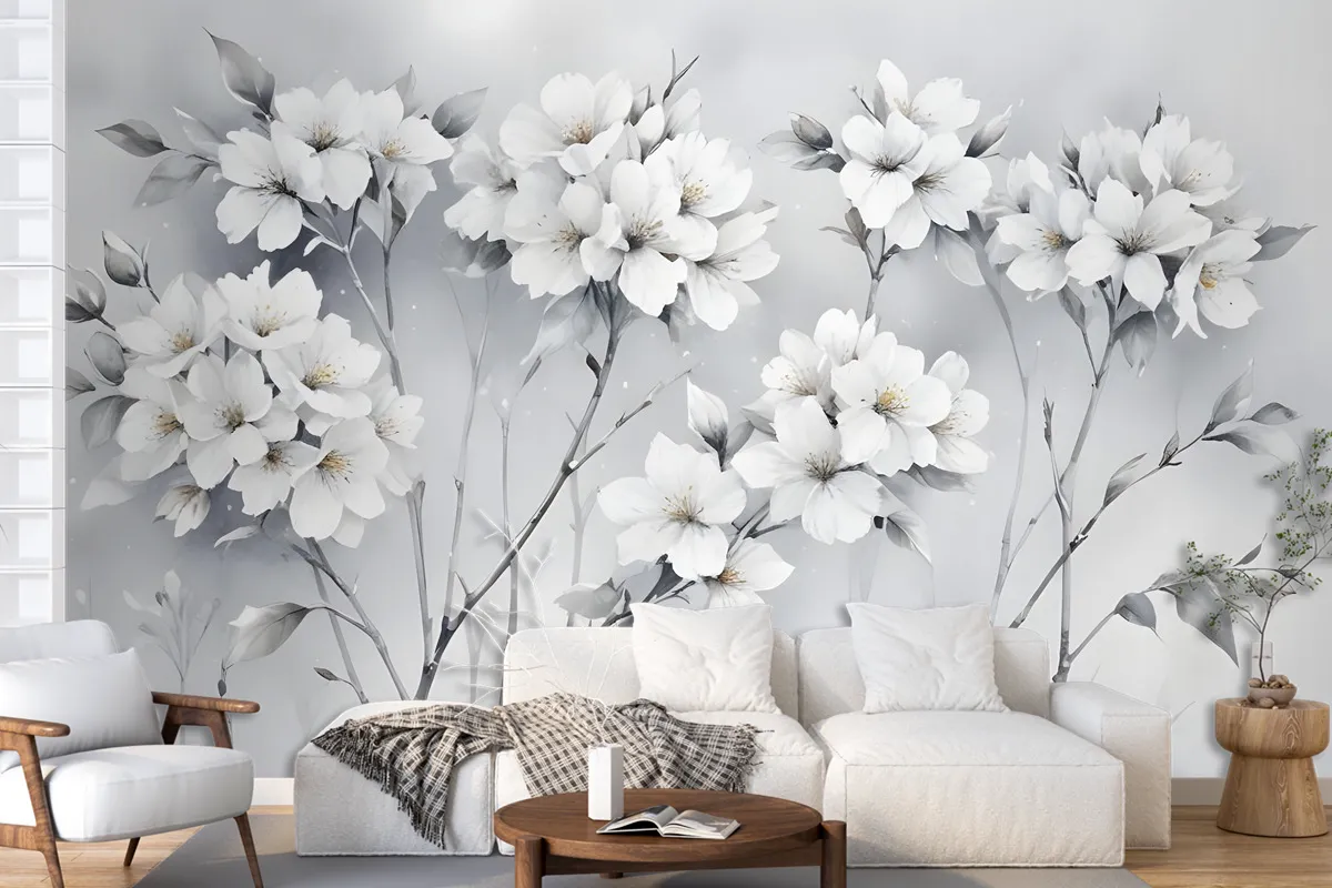 Watercolor Painting White Flowers Wallpaper Mural