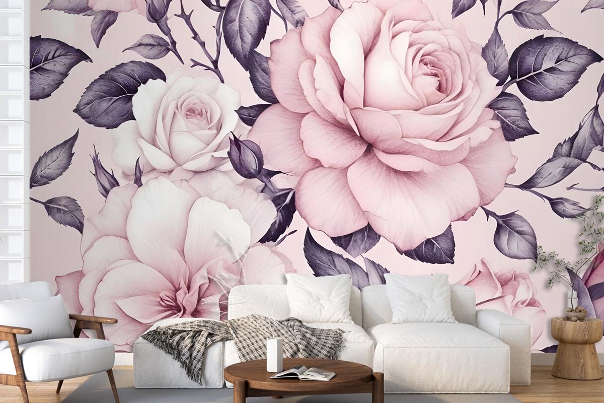 Watercolor Pink Floral Pattern Wallpaper Mural