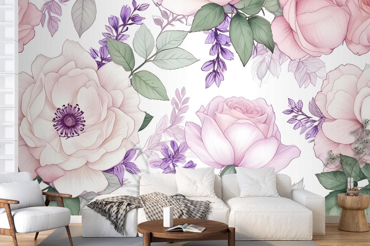 Watercolor Pink Floral Pattern With Wisteria Wallpaper Mural