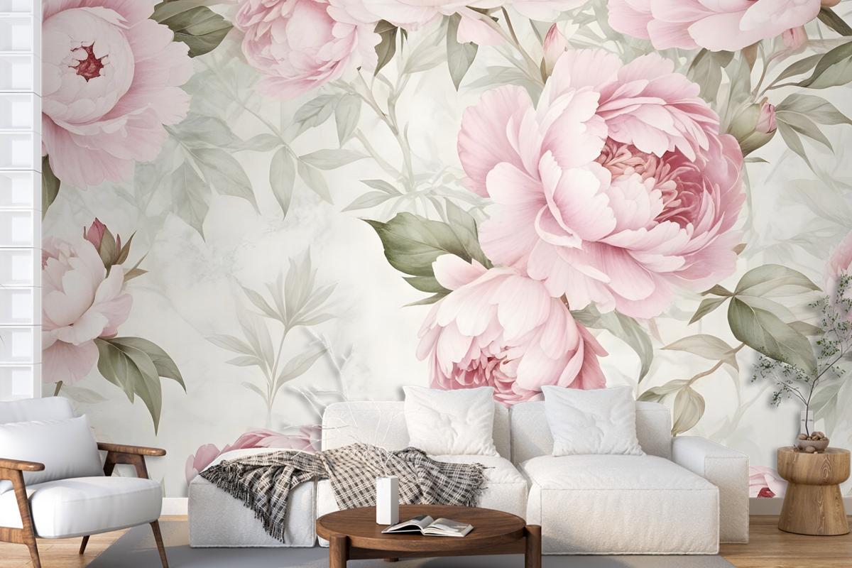 Watercolor Pink Peony Floral Blossom Wallpaper Mural