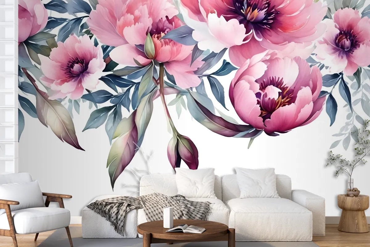 Watercolor Pink Peony Flower Wallpaper Mural