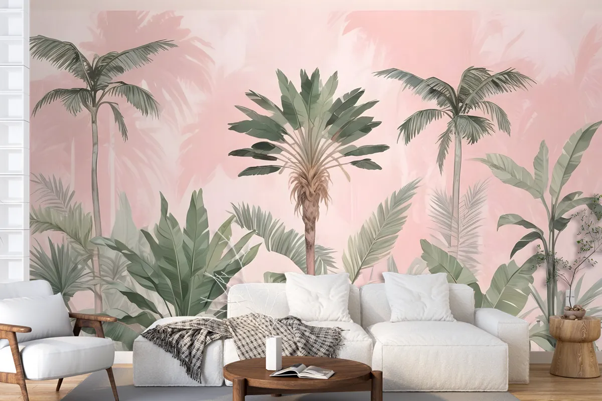 Watercolor Pink Tropical Chinoiserie Wallpaper Mural