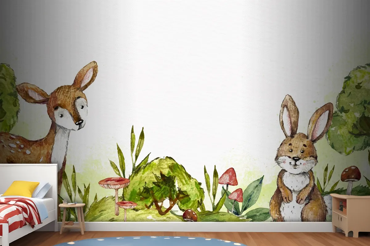 Watercolor Rabbit And Deer In Forest Wallpaper Mural