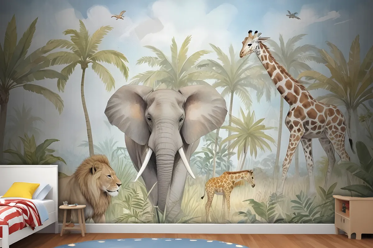 Watercolor Safari Animals In Forest Wallpaper Mural