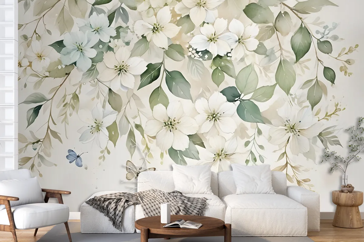 Watercolor Soft Floral With Green Leaves Wall Mural