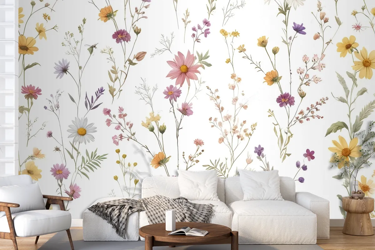 Watercolor Soft Wild Flowers Wallpaper Mural