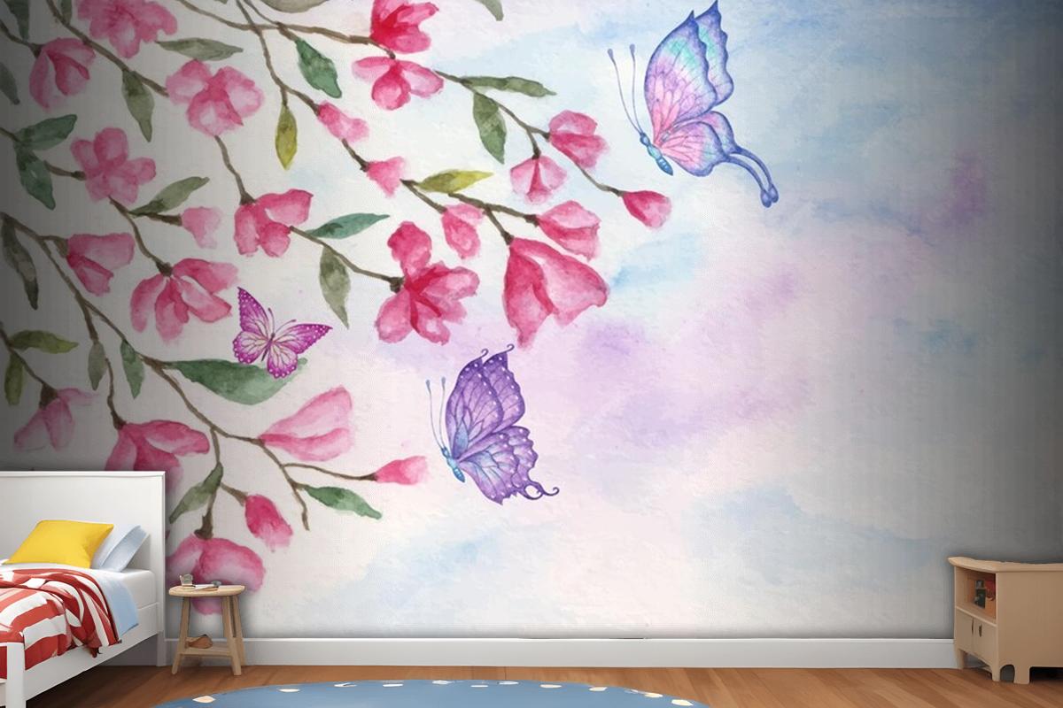 Watercolor Spring Landscape Background With Lovely Butterflies Wallpaper Mural