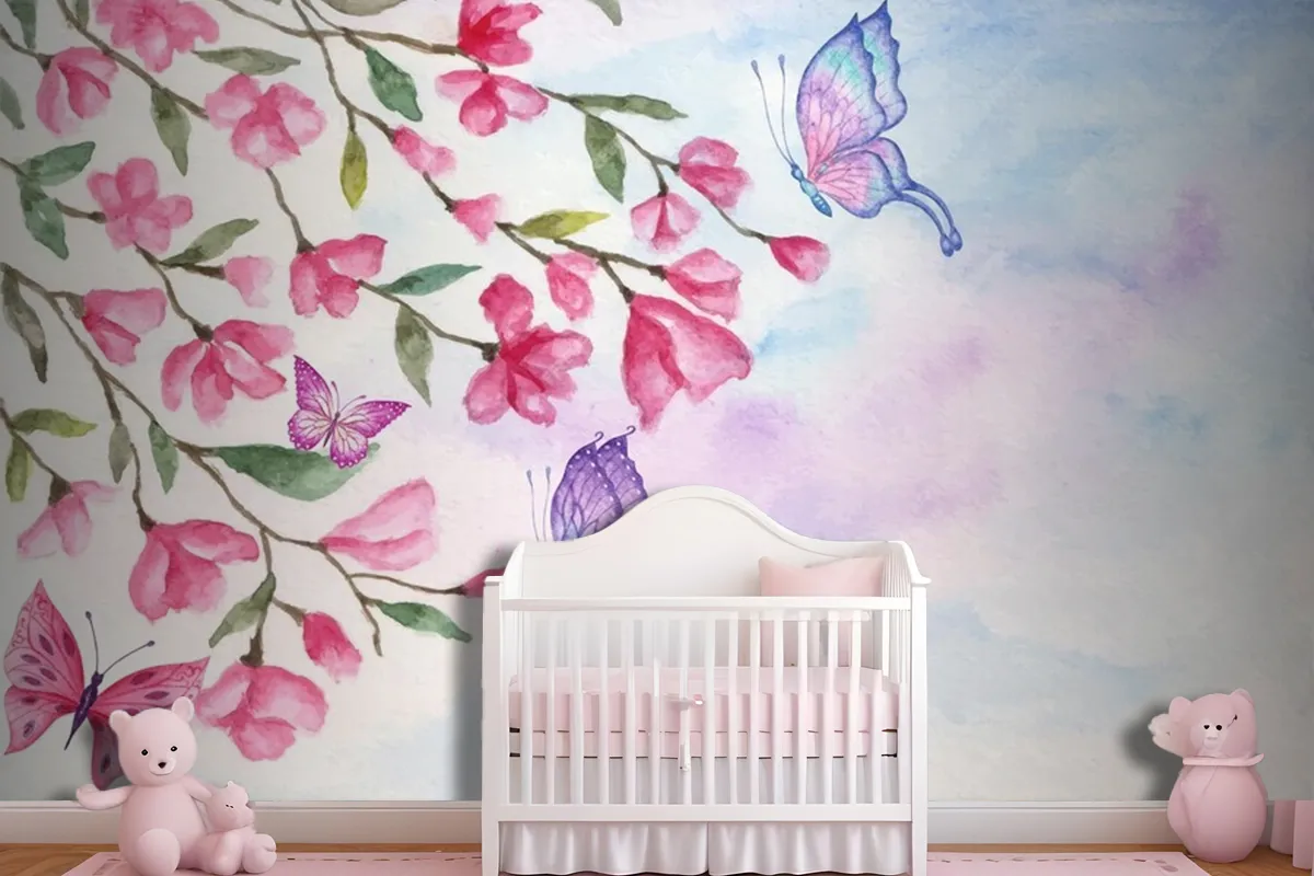 Watercolor Spring Landscape Background With Lovely Butterflies Wallpaper Mural