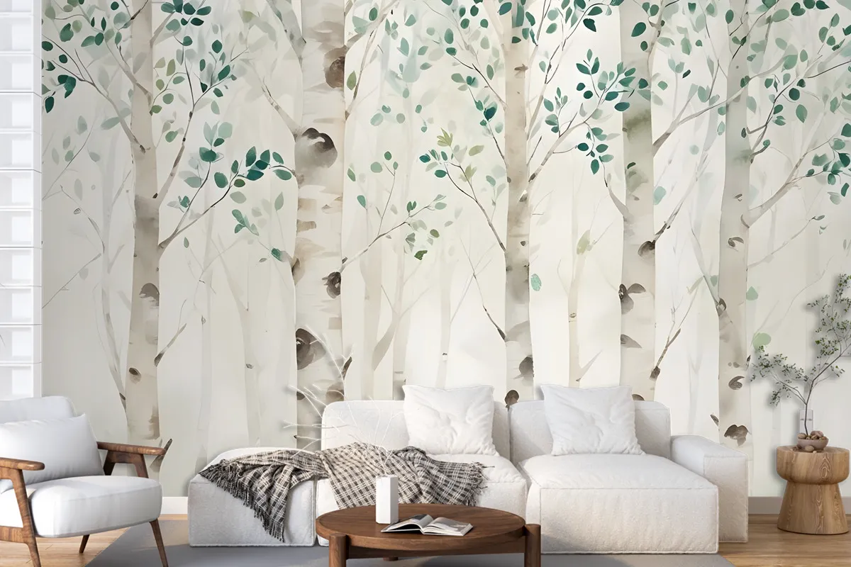 Watercolor Style Forest With Green Brown Little Leaves Wallpaper Mural