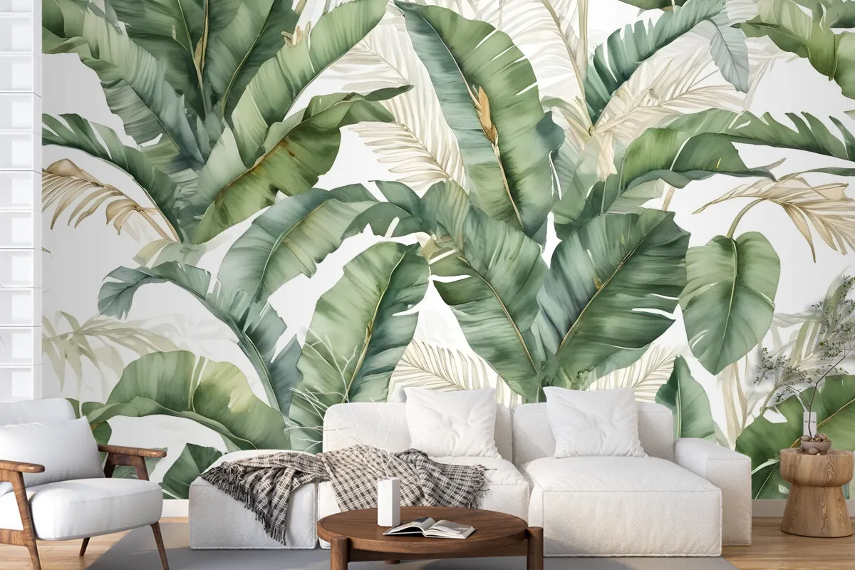 Watercolor Tropical Banana Leaf With Faux Gold Details Wallpaper Mural