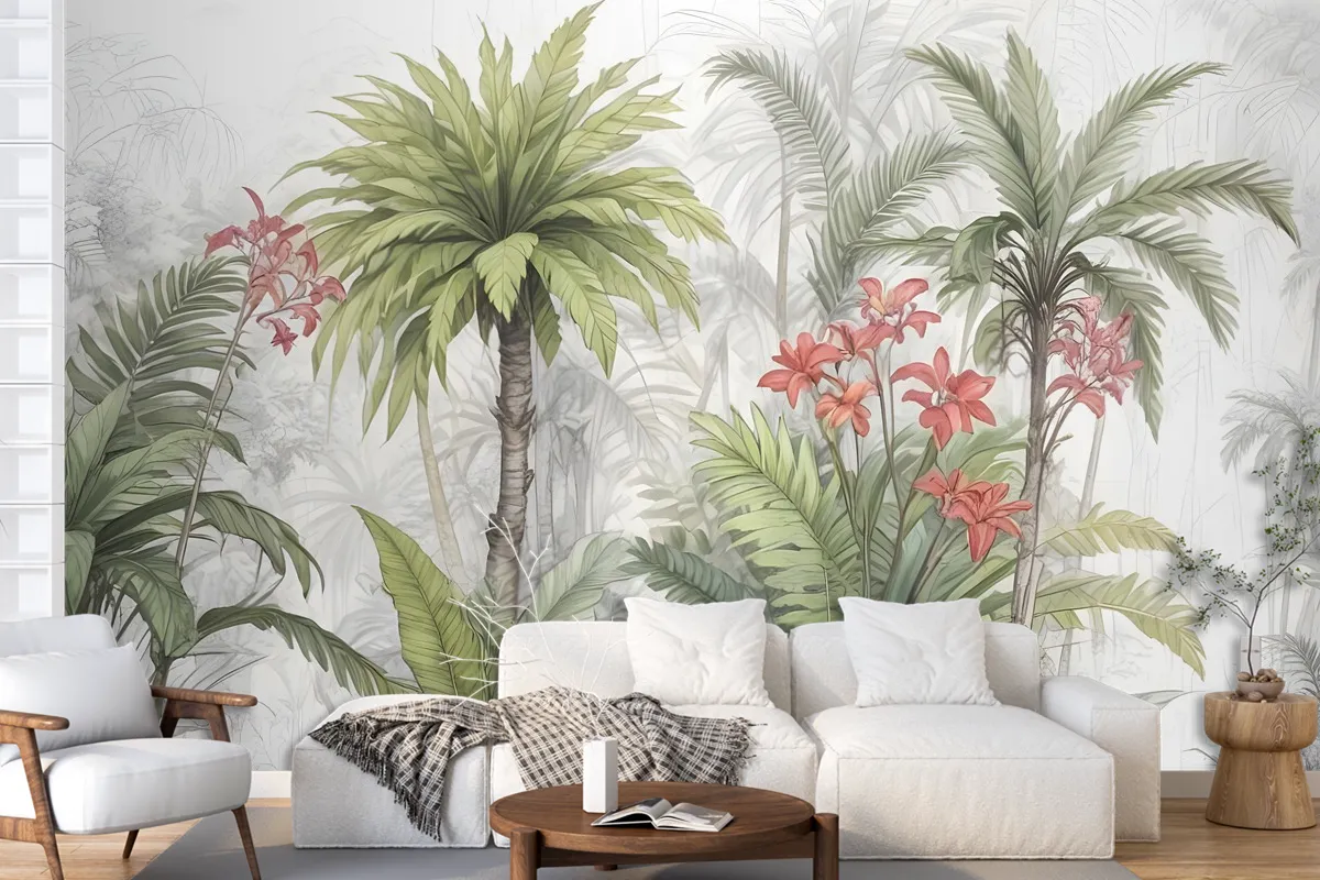 Watercolor Tropical Leaf And Flowers Wallpaper Mural