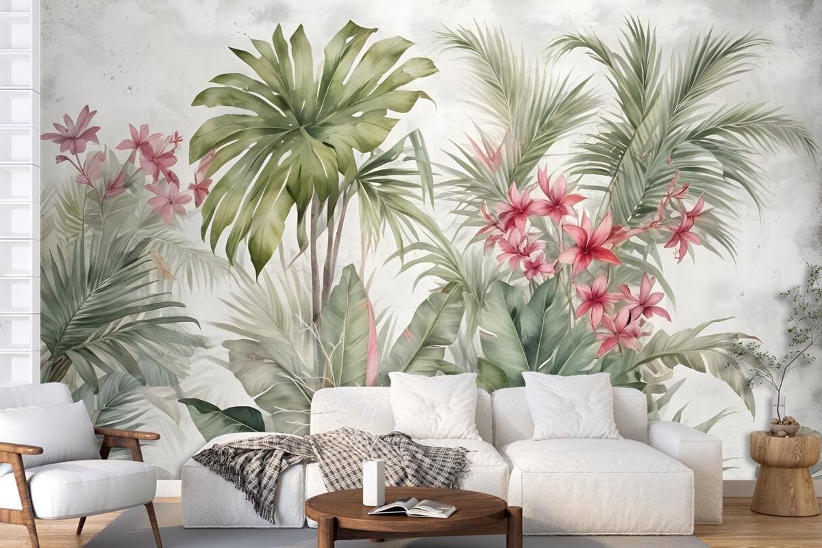 Watercolor Tropical Leaf And Flowers Wallpaper Mural