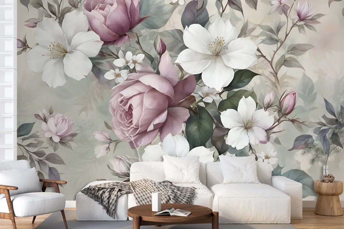 Watercolor Vintage Flower Wallpaper Mural