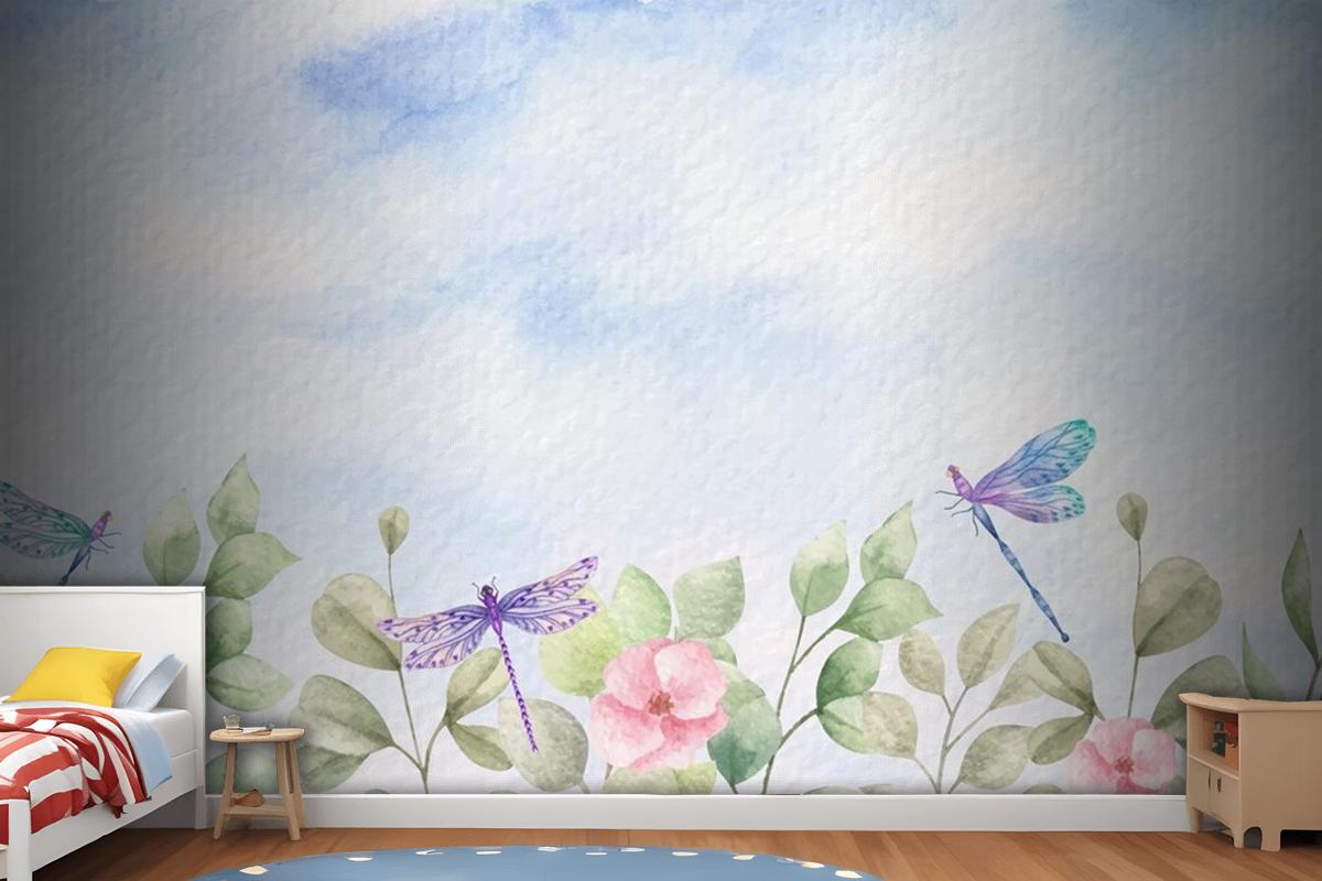 Watercolor Wild Leaves Landscape Background With Dragonflies Wallpaper Mural