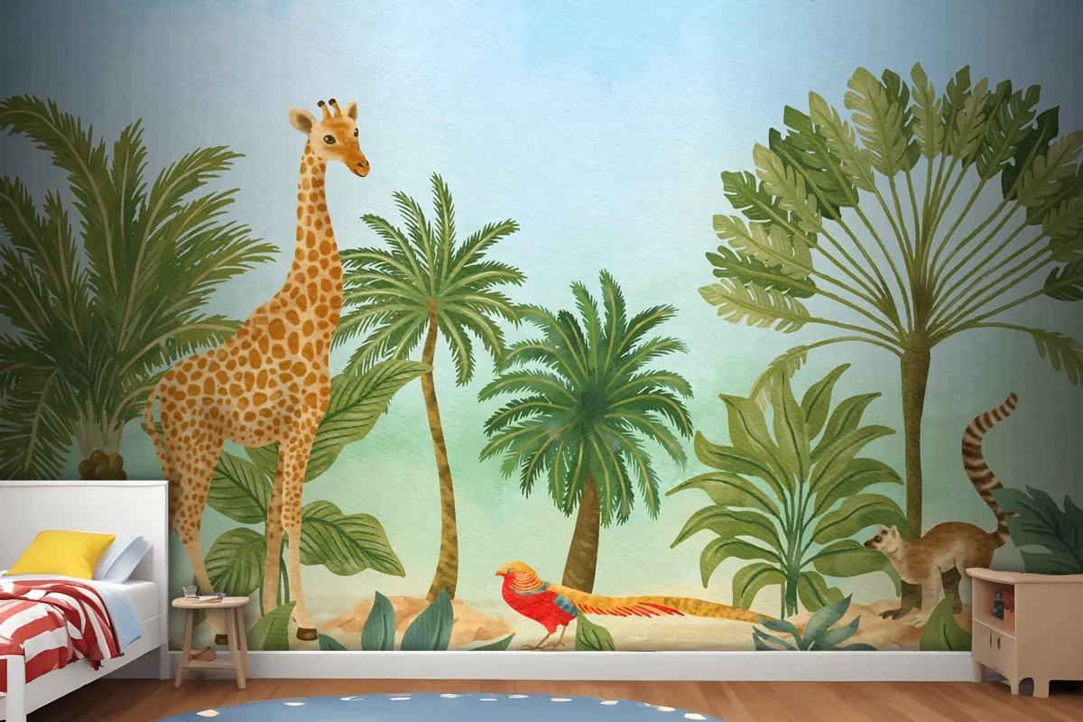 Watercolor Wildlife Background Boys Wallpaper Mural