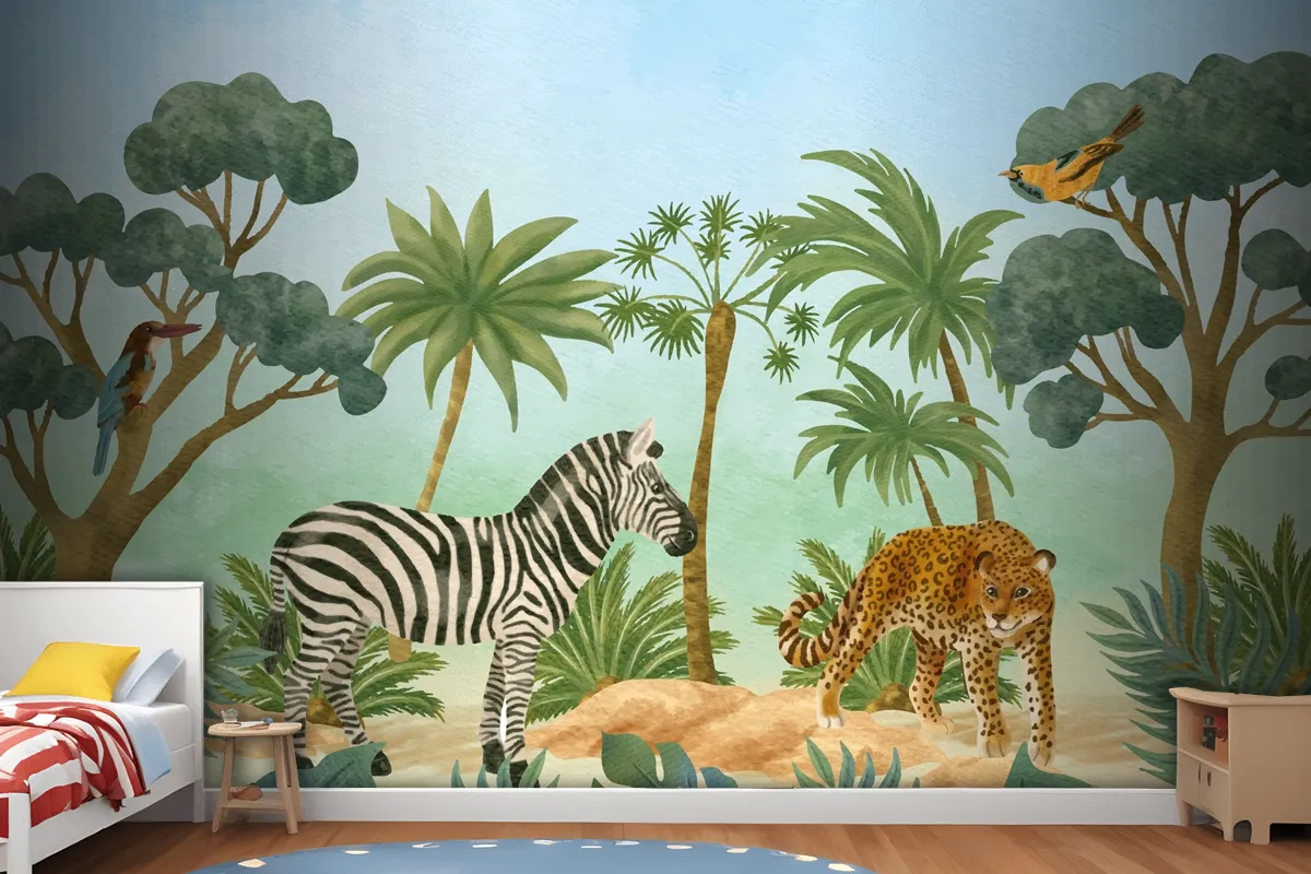 Watercolor Wildlife Background Kids Boy Wallpaper Mural