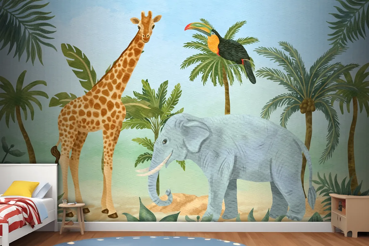 Watercolor Wildlife Background Kids Boys Wallpaper Mural