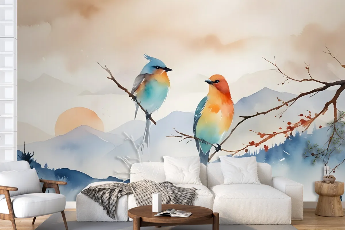 Watercolor Winter Landscape And Colorful Bird Wallpaper Mural