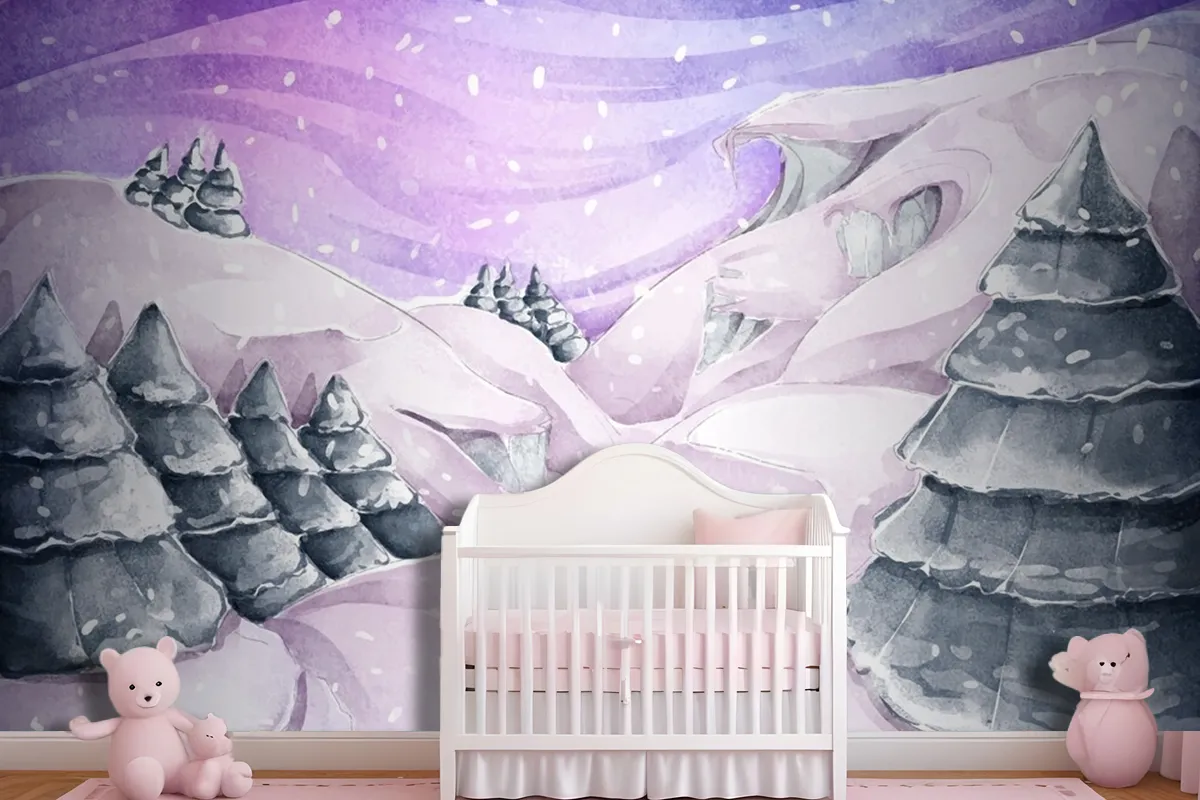 Watercolor Winter Landscape With Pines Wallpaper Mural