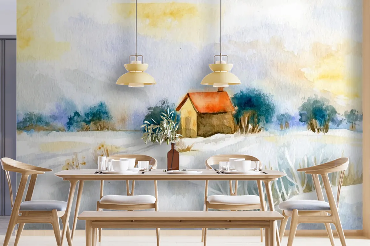 Watercolor Winter Landscape Wallpaper Mural