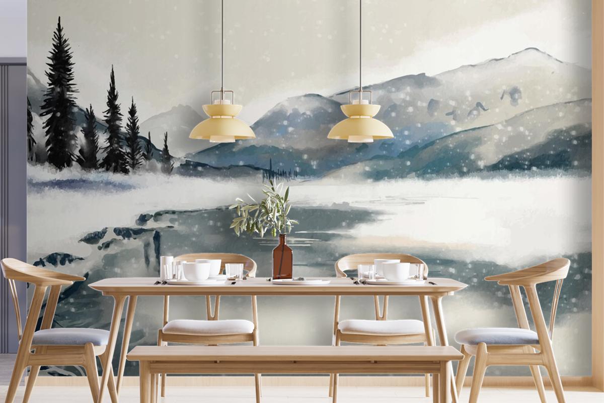 Watercolor Winter Landscape Dining Room Wallpaper Mural