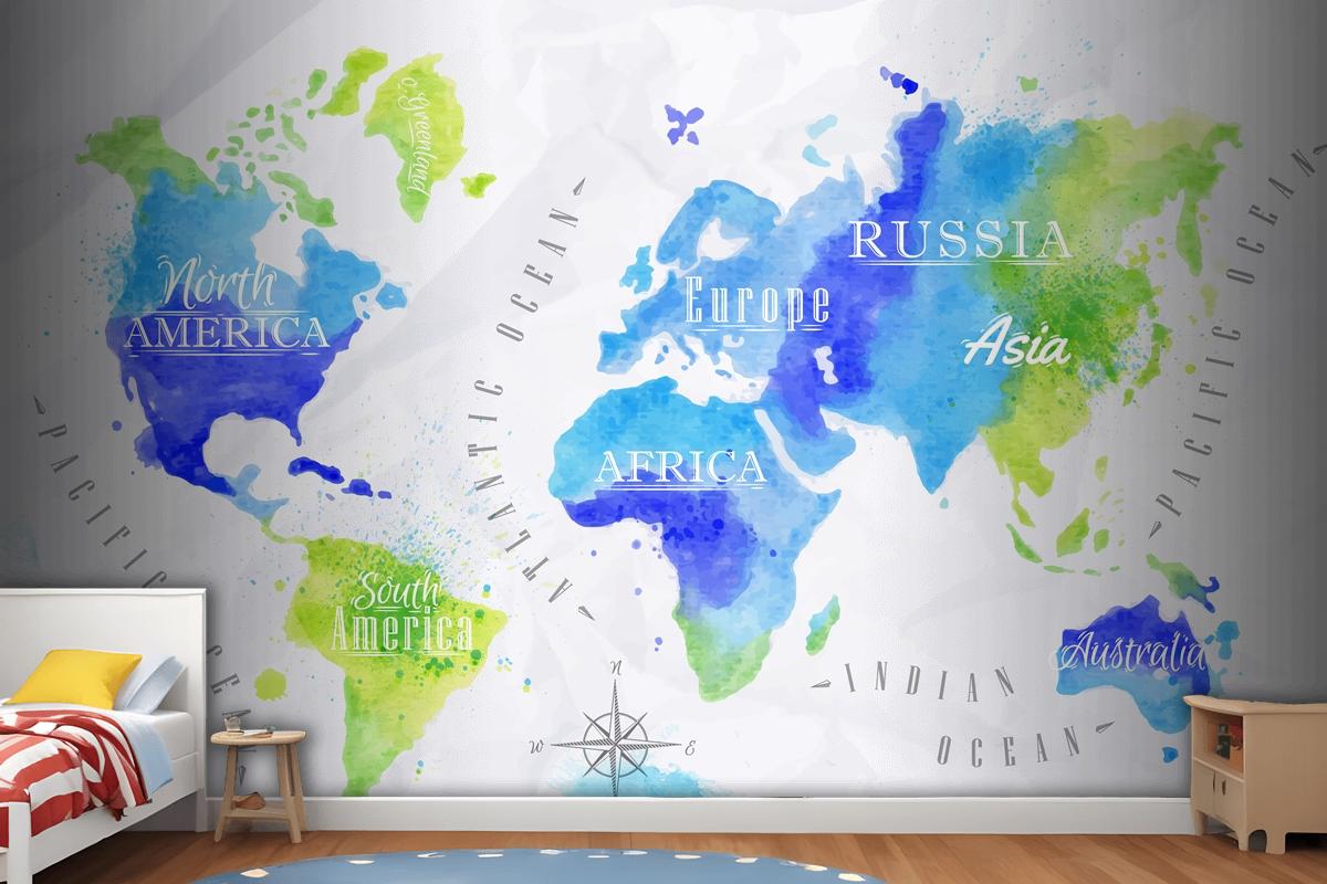 Watercolor World Map Kids Wallpaper Mural