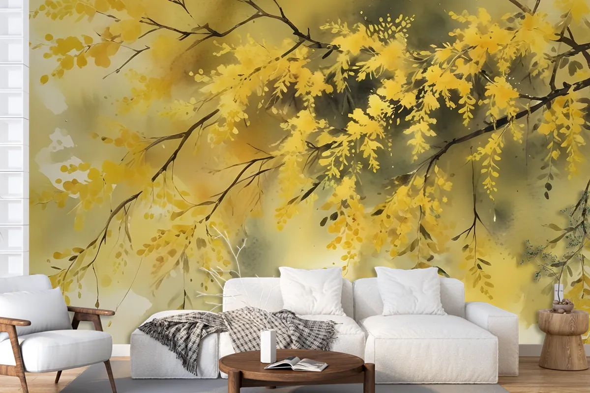 Watercolor Yellow Tree Landscape Wallpaper Mural