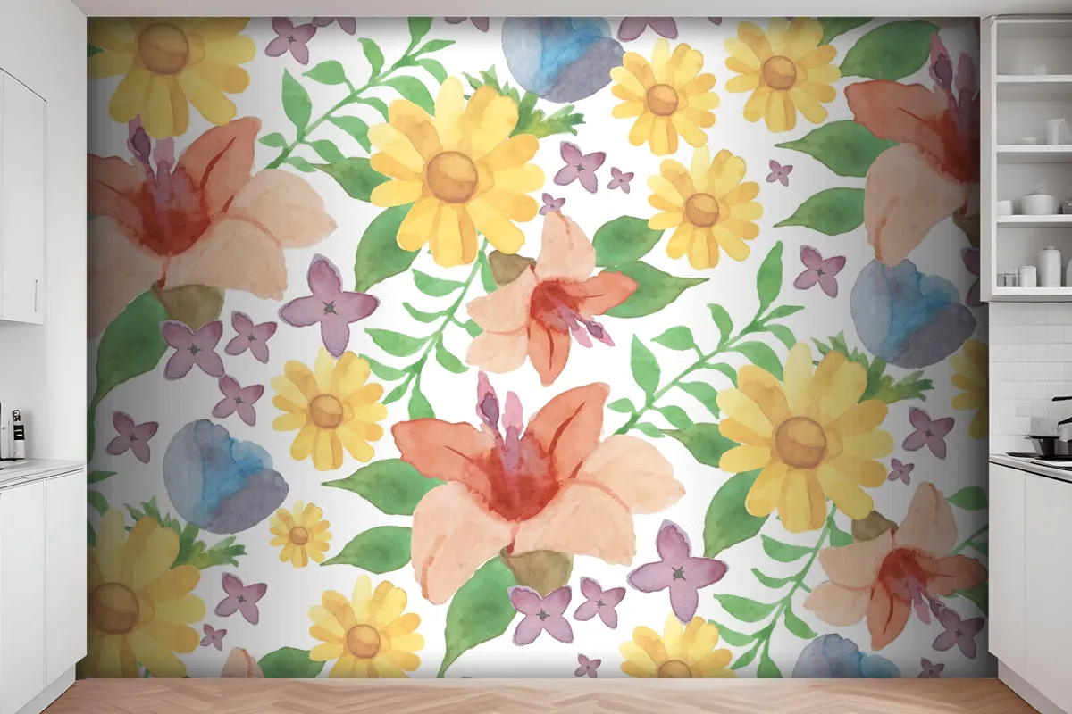 Watercolour Floral Background With Lilies Wallpaper Mural