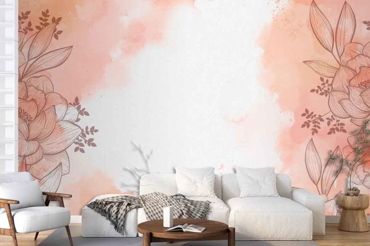 Watercolour With Hand Drawn Flowers Background Wallpaper Mural