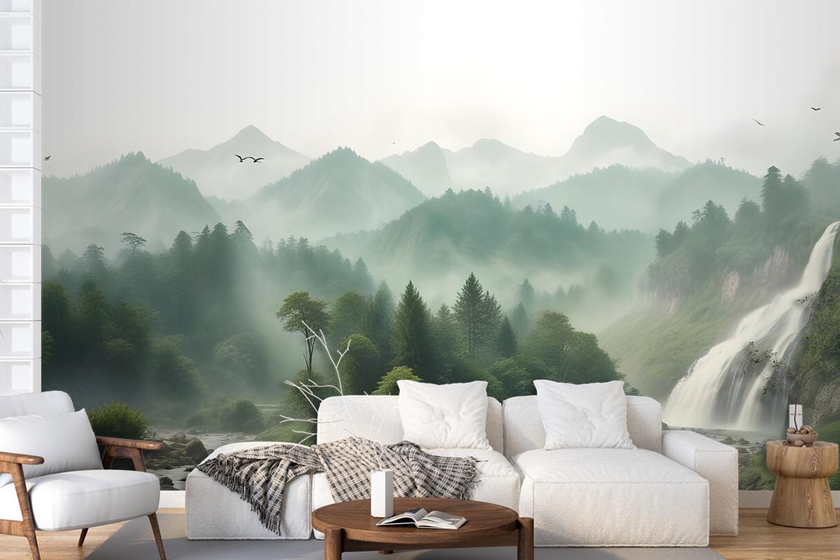 Waterfall With Misty Green Forest Landscape Wallpaper Mural