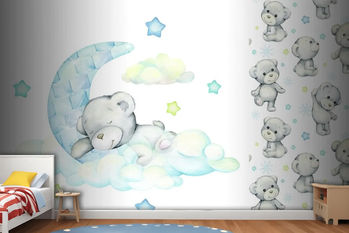 White Bear Sleeps On The Moon And Clouds Wallpaper Mural