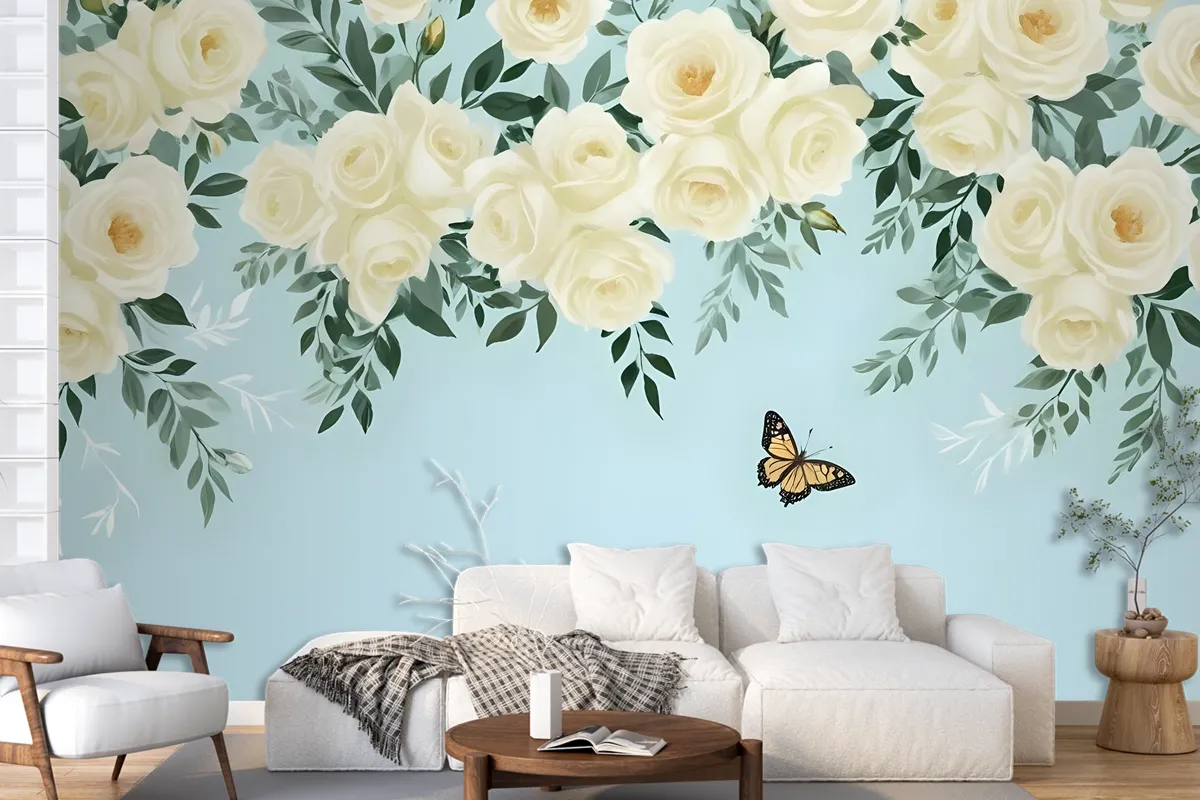 White Flowers And Yellow Butterfly Wallpaper Mural