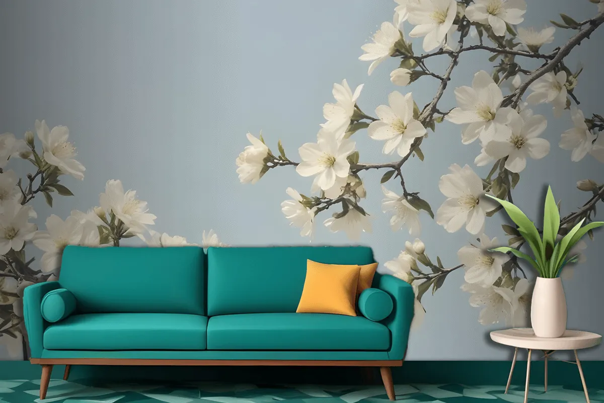 White Flowers Blooming On Tree Branches Against A Pale Blue Sky Wallpaper Mural