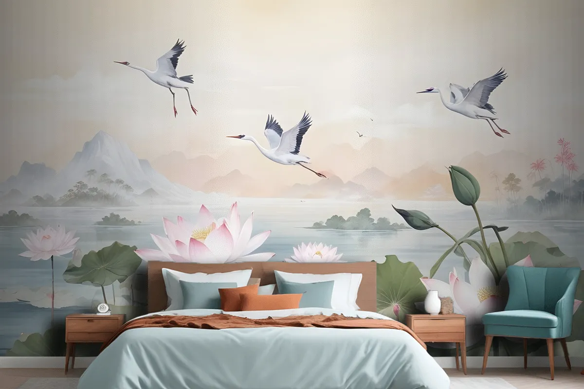 White Lotus Floral And Crane Birds Wallpaper Mural