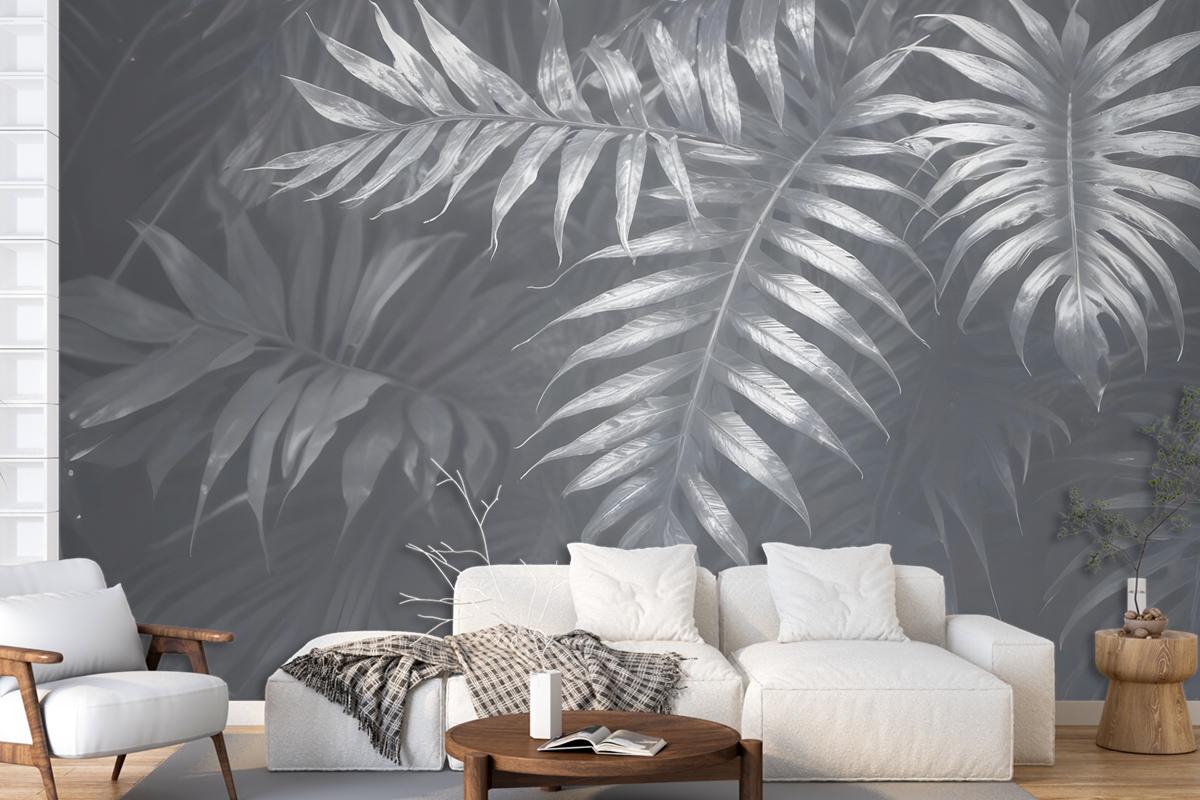 White Tropical Leafy Wallpaper Mural