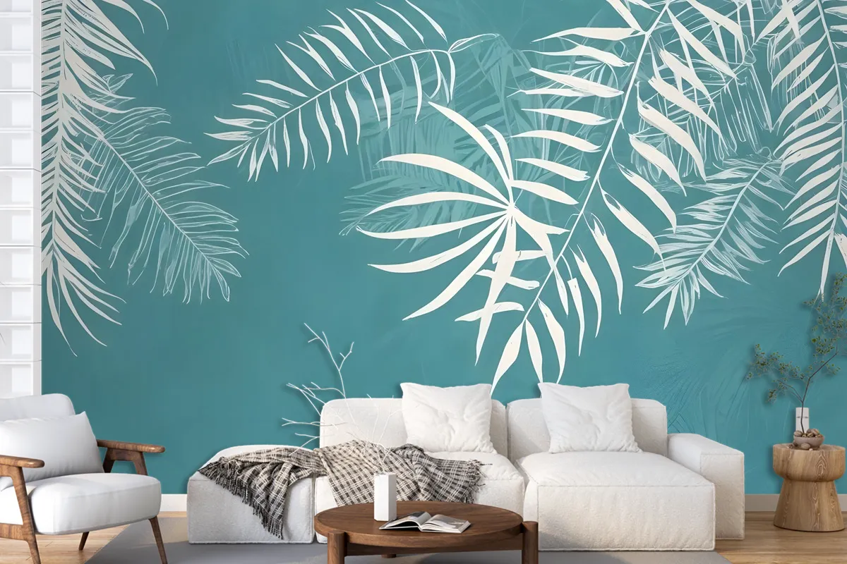 White Tropical Leaves Wallpaper Mural