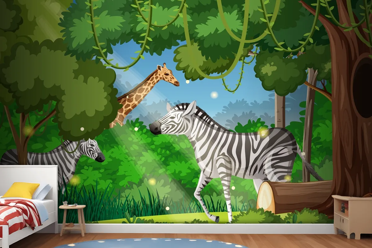 Wild Animals In Forest Landscape Wallpaper Mural