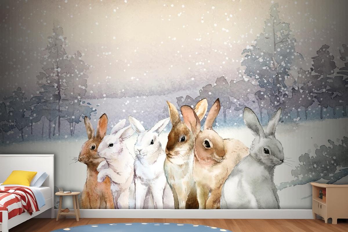 Wild Rabbits In The Winter Snow Painted By Watercolor Wallpaper Mural