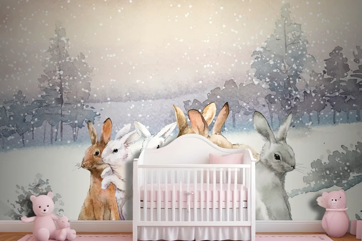 Wild Rabbits In The Winter Snow Painted By Watercolor Wallpaper Mural