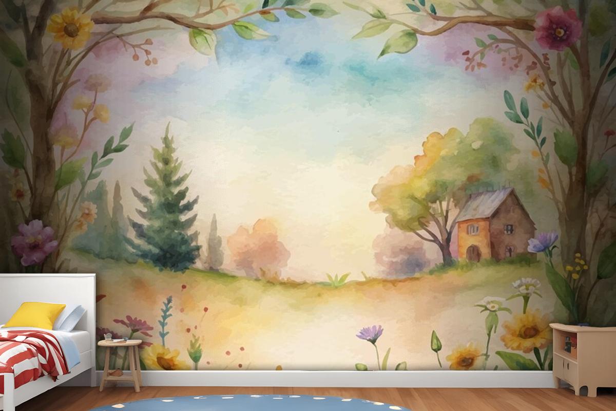 Wildflower Watercolor Background In The Countryside Wallpaper Mural