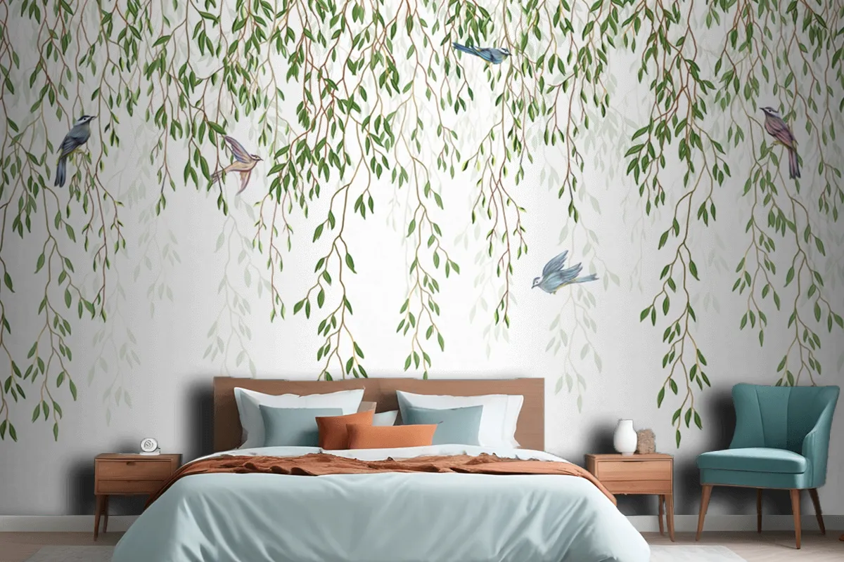 Willow Branches Hanging From Above With Birds On A White Background Wallpaper Mural