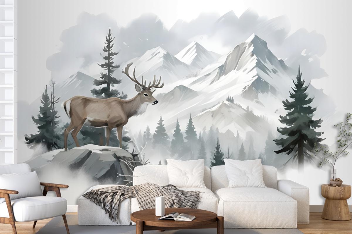 Winter Forest And Horned Deer Wallpaper Mural