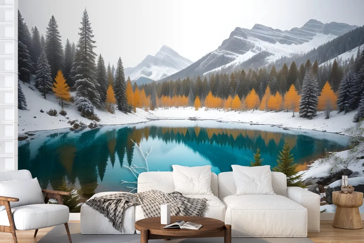 Winter Lake Landscape With Pine Forest Wallpaper Mural