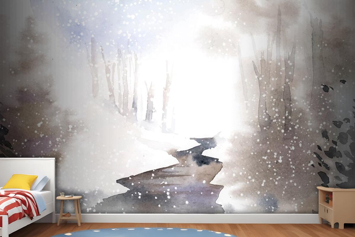 Winter Wonderland Landscape Painted By Watercolor Wallpaper Mural