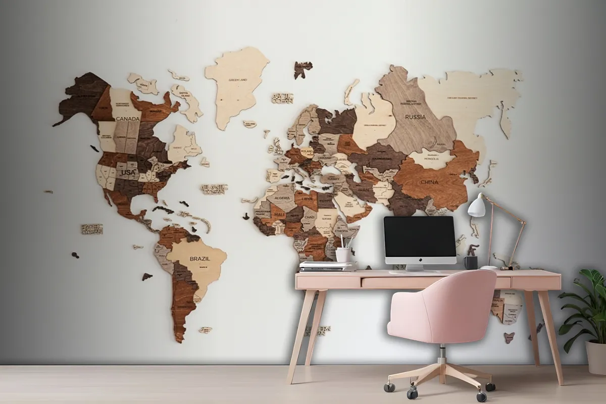 World Map Made Of Wood Crafts Wallpaper Mural