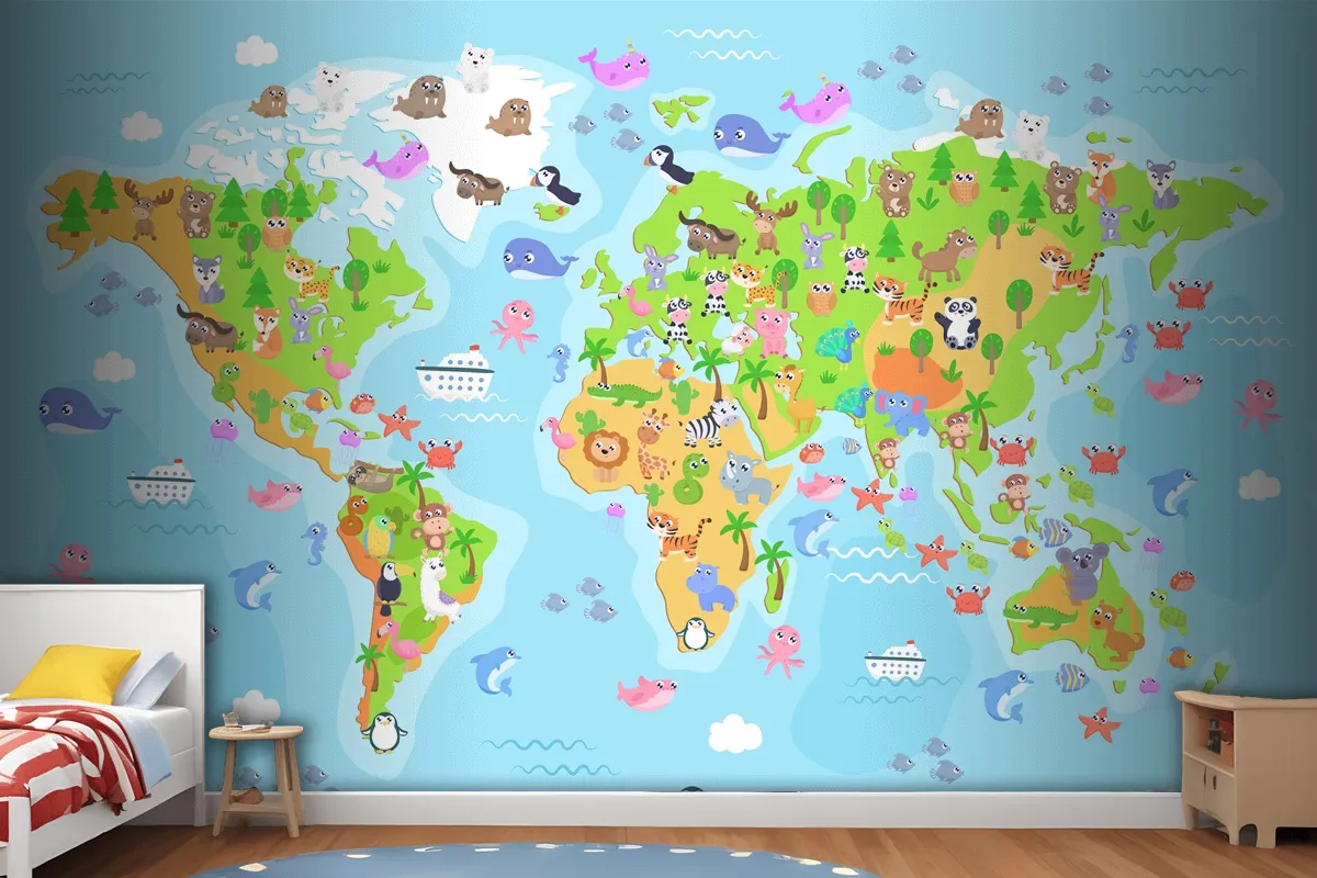 World Map With Animals For Kids Wallpaper Mural