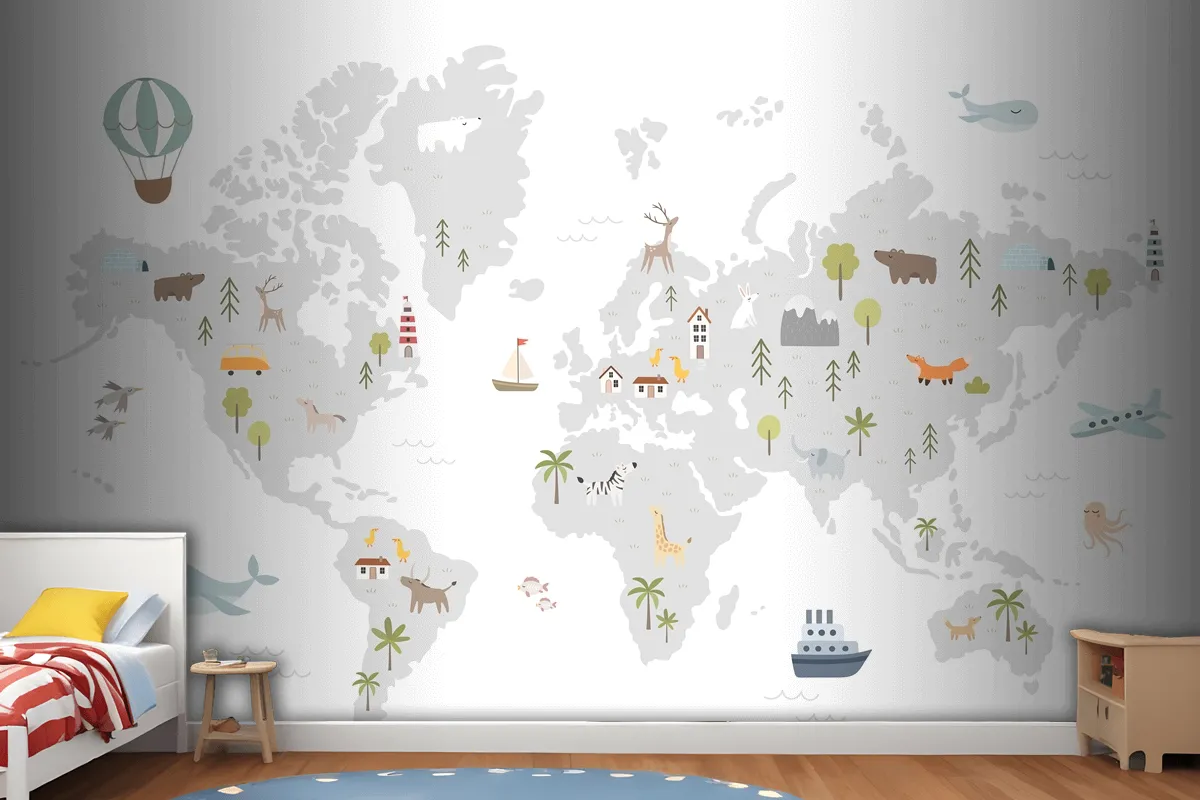 World Map With Animals Houses Nature Elements Wallpaper Mural