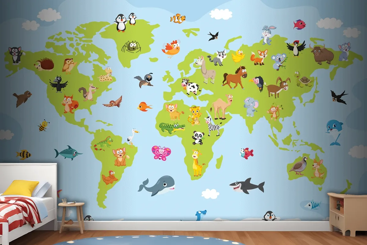 World Map With Cartoon Animals Wallpaper Mural